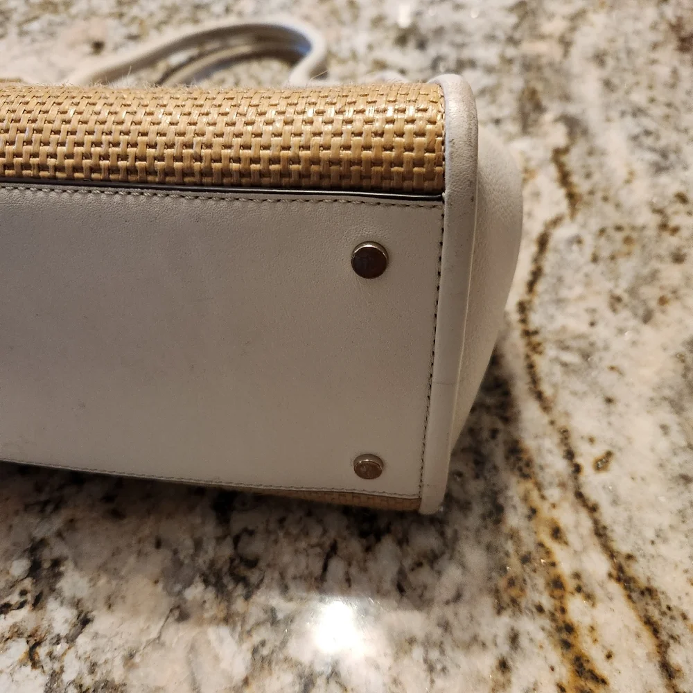 Kate Spade Handbag, Lucia Straw Medium Satchel Tan & White Crossbody EUC Summer